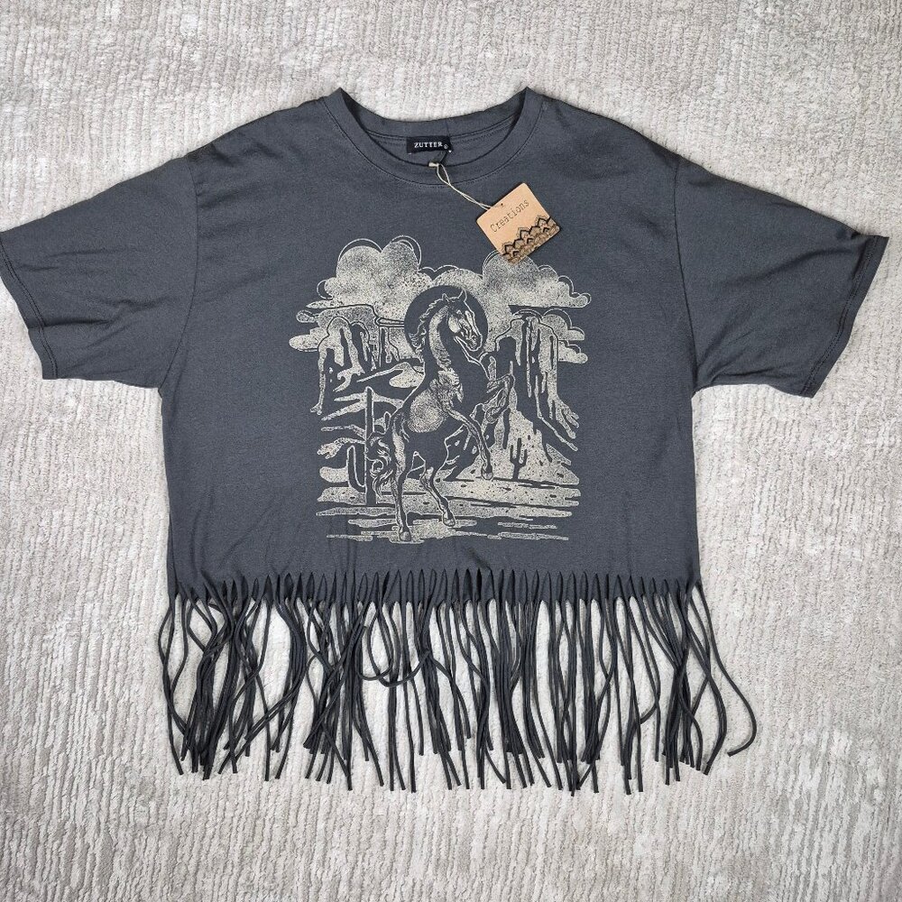 Zutter Wild Like the West Fringe Black T Shirt Rearing Horse Western Graphic